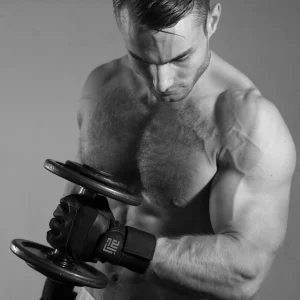 Man lifting dumbbell wearing slow-made ZLC weight lifting gloves with wrist support