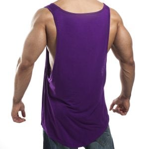 Back view of men's purple deep cut tank top – gym vest for muscle definition and comfort