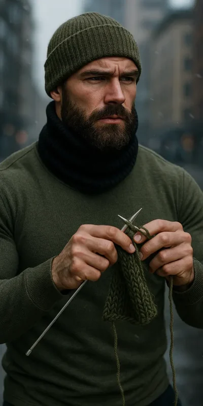 Muscular man knitting a green neck warmer in cold, windy Copenhagen street – wearing army green sweater and beanie – ZLCOPENHAGEN