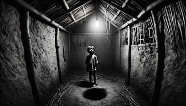 Mig som lille dreng alene i et mørkt rum uden toiletpapir og toiletrulle, med et lille hul i gulvet og stråtag.