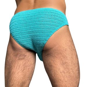 Handmade crochet men's swim briefs, styled like a bikini speedo, primarily used as swimwear but also suitable as underwear.