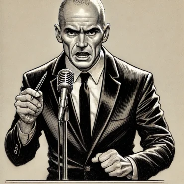 A bald man with slight grey hair at the sides and a high receding hairline, standing in front of a microphone delivering a heated speech. He is dressed in classic black formal attire, gesturing aggressively while holding a pen in his left hand.