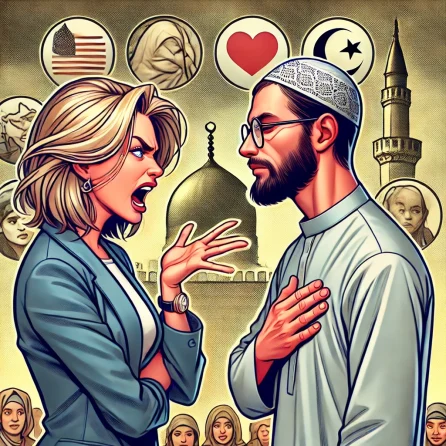 Ida Auken møder en Imam. Er det kærlighed ved første blik? Ida er vred, konfronterer en rolig muslimsk imam med hånden på hjertet, hvilket repræsenterer kulturelle spændinger mellem vestlige og muslimske værdier.