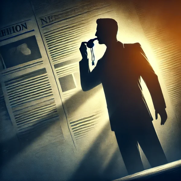 Silhouette of a man blowing a whistle, symbolizing anonymous whistleblowing for the Media Criticism Network, supported by ZLCopenhagen