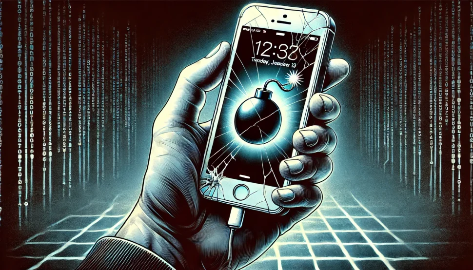 Illustration of a hand holding an iPhone-like smartphone with a cracked screen showing a ticking bomb, symbolizing the dangers of weaponized technology as seen in Israel's pager attack on Lebanon. The image reflects global concerns over compromised tech supply chains and hidden threats in personal devices.