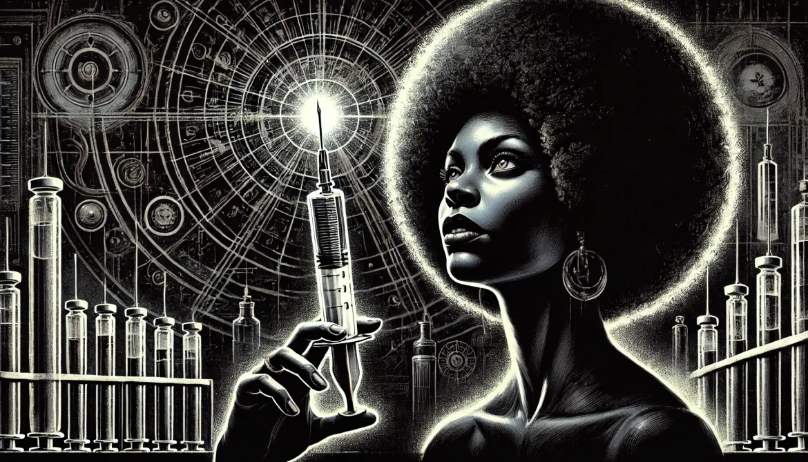 Illustration af en afro-kvinde med opsat hår, der holder en glødende sprøjte i et mørkt univers, symboliserende farlige forbindelser og afsløring af skjulte netværk. af ZLC TEAM