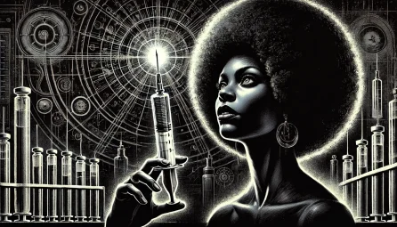Illustration af en afro-kvinde med opsat hår, der holder en glødende sprøjte i et mørkt univers, symboliserende farlige forbindelser og afsløring af skjulte netværk. af ZLC TEAM
