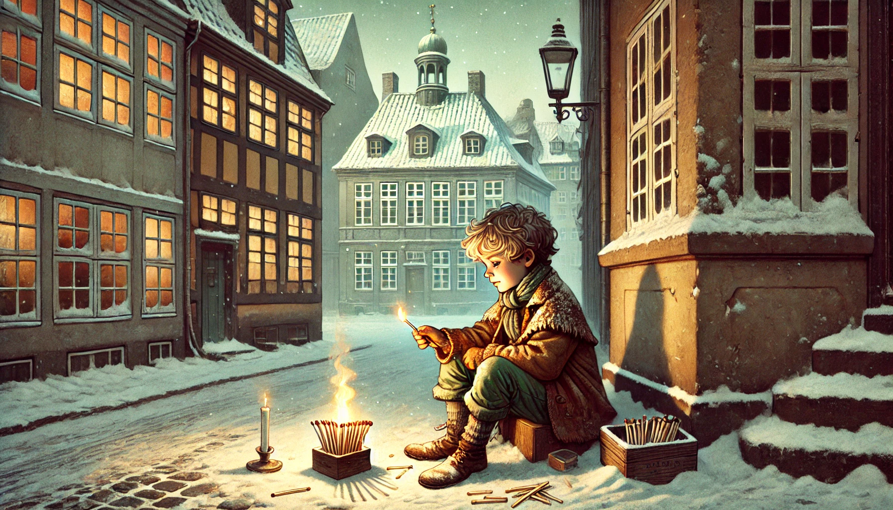 An illustration of a young boy sitting in a corner on a snowy Copenhagen street, striking matchsticks to keep warm, inspired by Hans Christian Andersen’s fairy tale.