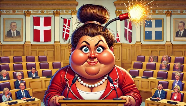A caricature of a Danish leader with brown hair in a bun, with a fuse integrated into it, standing at a podium in parliament, wearing a red jacket, mocking a freedom fighter. Danish flags are present in the background.