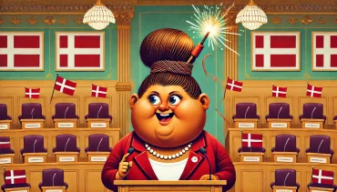 Caricature of Mette Frederiksen disrespectfully mocking Hamas leader Yahya Sinwar, calling him a 'hardcore terrorist,' with a burning fuse in her hair and Danish flags in the background.