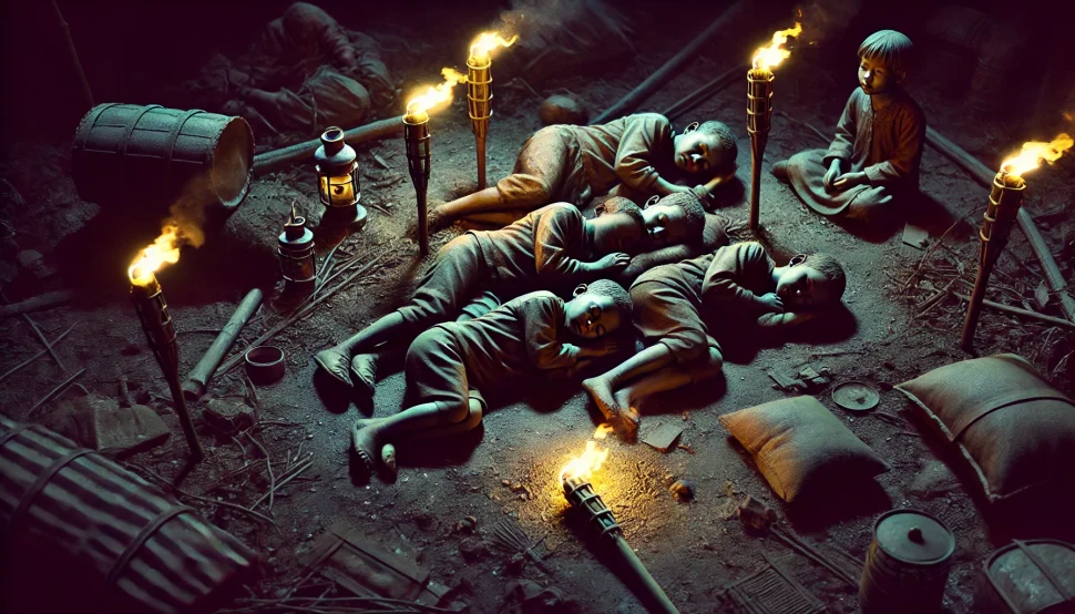 Børn ligger og sover i ruinerne, omgivet af udslukte fakler, symboliserende en verden, der har svigtet dem. Mørket og ødelæggelsen understreger sorgen og tabet.