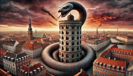 Dramatisk illustration af Rundetårn i København, tæt omringet af en stor slange, der symboliserer israelsk mafia og dens jerngreb om medier, journalister og politik. Baggrunden er en dyster solnedgang, der forstærker følelsen af kontrol og magt, inspireret af Mossad og moderne lobbyisme.