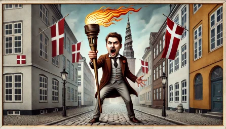 Satirisk illustration af Frederik Vad i dramatisk positur med fakkel i Københavns historiske gader, omgivet af danske flag. En kommentar på selektiv antisemitismekritik og det oversete fokus på kongehusets egen nazi-historie.