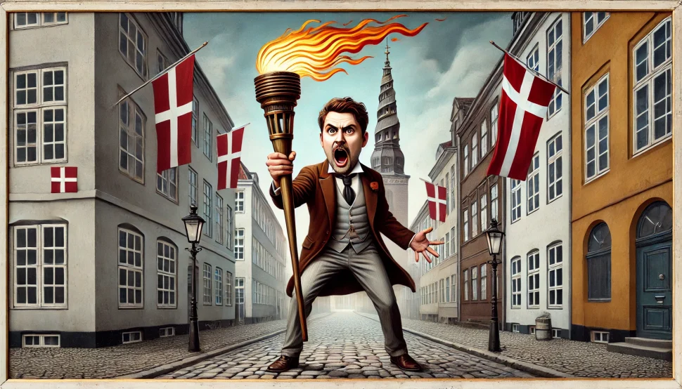 Satirisk illustration af Frederik Vad i dramatisk positur med fakkel i Københavns historiske gader, omgivet af danske flag. En kommentar på selektiv antisemitismekritik og det oversete fokus på kongehusets egen nazi-historie.
