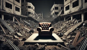 Tom lænestol i Gaza-ruinerne, som symboliserer Yahya Sinwar-prisen og modstanden i en hadprædikants verden.