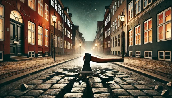 An artistic depiction of an axe splitting through cobblestone streets in Copenhagen, representing Florence Bergeaud Blackler and Nina Palesa Bonde’s disputes over free speech and Broderismen.