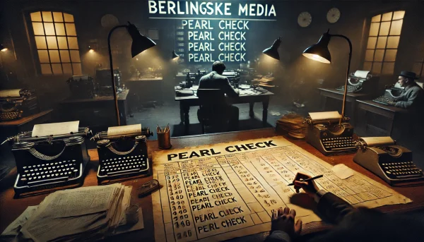 Vintage 1940'er-redaktion, medarbejder noterer ‘Pearl Check’ med ‘BERLINGSKE MEDIA’ øverst, satirisk afspejling af moderne mediekultur