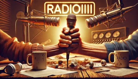 To hænder – den ene repræsenterer fanger og den anden gidsler – kæmper om en mikrofon i et rodet radiostudie. Væltet kaffe og spredte papirer ligger på bordet, mens