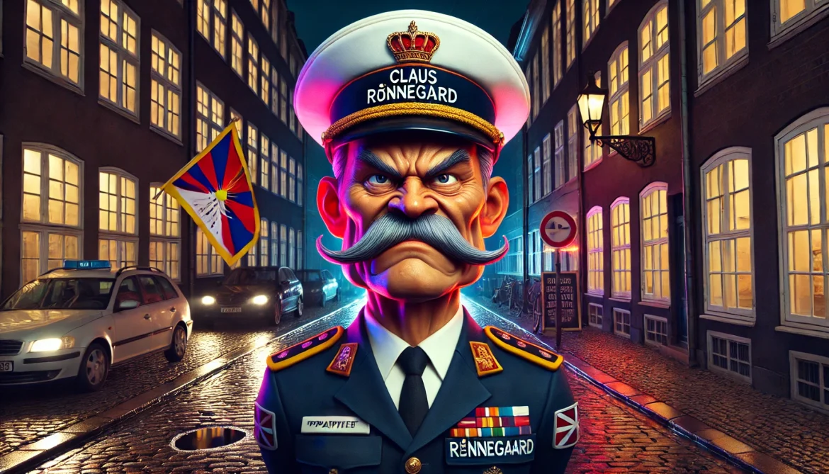 Satirisk illustration af Claus Rønnegaard i dansk politiuniform, stående i Københavns mørke stræder, med et tibetansk flag i hånden. Hans navn er tydeligt markeret, mens baggrunden skildrer magtmisbrug og politisk undertrykkelse.