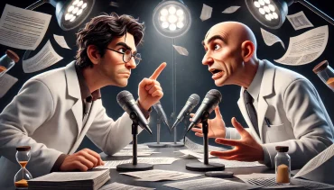 Billede af forskerne Thomas Hoffmann og Jesper Petersen i en intens akademisk debat. Hoffmann, iført briller og med mørkt hår, argumenterer imod Petersen, der er skaldet og uden briller. De står under et dramatisk spotlys omgivet af forskningspapirer, mikrofoner og bøger. En ophedet diskussion i videnskabens navn.