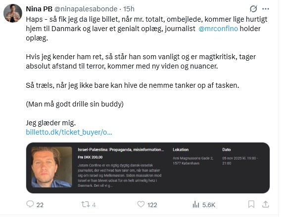 Skærmbillede af Nina Palesa Bondes tweet, hvor hun annoncerer sin billet til Jotam Confinos oplæg om Israel-Palæstina og omtaler ham som “mr. totalt, ombejlede”.