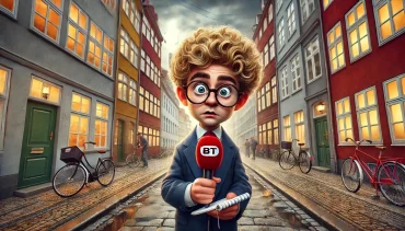 Satirisk illustration af B.T.-journalisten Claes Theilgaard i København, fremstillet som en forvirret reporter med en rød B.T.-mikrofon.