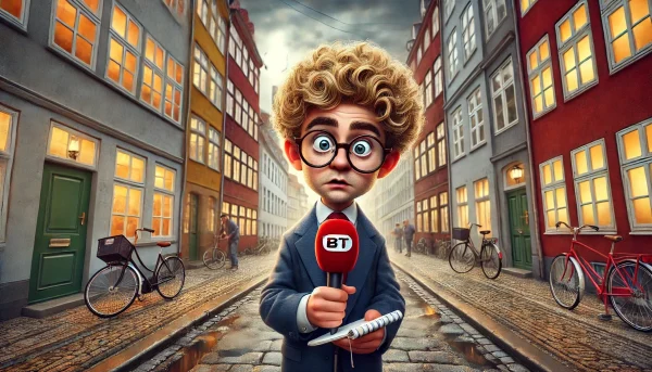 Satirisk illustration af B.T.-journalisten Claes Theilgaard i København, fremstillet som en forvirret reporter med en rød B.T.-mikrofon.