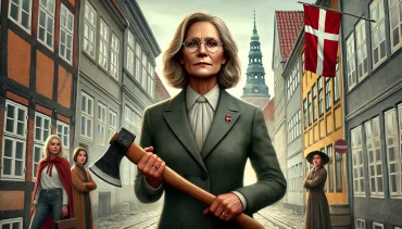 En realistisk digital maleri af en midaldrende kvinde med skulderlangt blond hår, briller og en økse i hånden. Hun står i en smal, historisk gade med Dannebrog i baggrunden. Flere kvinder er til stede i scenen, hvilket forstærker det dramatiske udtryk.
