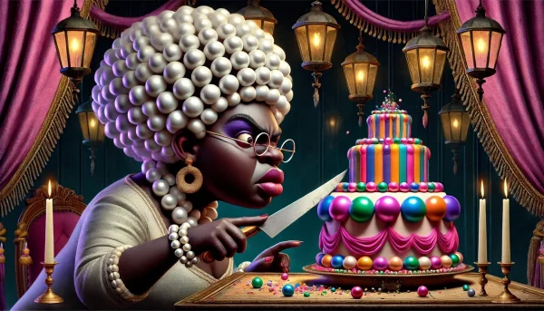 En kvinde skærer en stor kage fyldt med perler, mens hun smiler. En symbolsk scene om fordeling og magt.