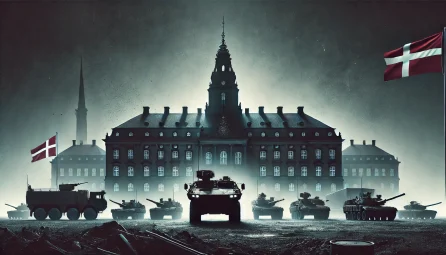 Mørkt politisk banner med Christiansborg i baggrunden og silhuetter af militært udstyr – uden tekst, klar til overlay. Motiv relaterer til Per Frederiksen og statslige kontrakter.