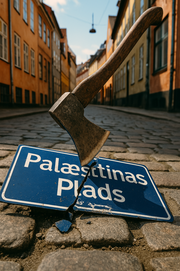 En stor økse gennembryder skiltet “Palæstinas Plads”, som ligger smadret på de brostensbelagte gader i København. Et symbolsk billede på embedsværkets brutale censur og systemets forsøg på at kvase borgernes ytringsfrihed.