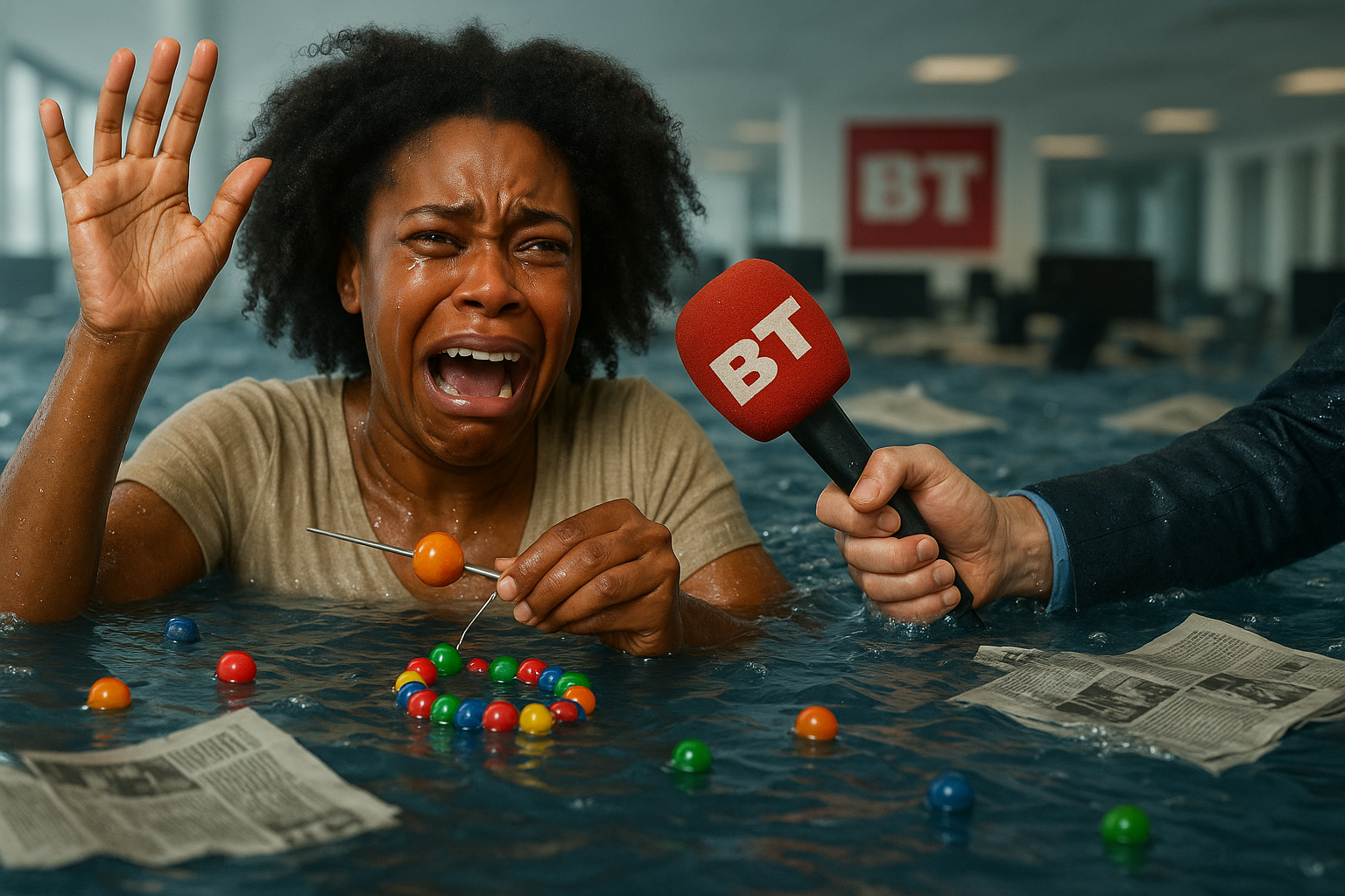 Nina Palesa Bonde græder hysterisk, mens hun forsøger at samle farverige perler til en halskæde i et oversvømmet BT-redaktionslokale, interviewet af en mikrofon med BT-logo.