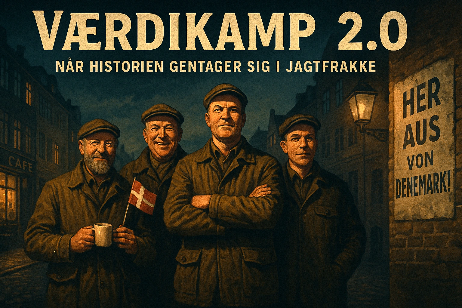 Satirisk illustration af Morten Dahlin og Venstre – 'Værdikamp 2.0', når historien gentager sig i jagtfrakke – symbol på dansk politisk nostalgi og nationalismens tilbagekomst.