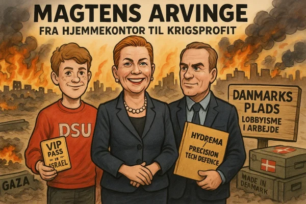 Karikatur af Mette Frederiksen, hendes søn og bror i en Gaza-baggrund – fokus på lobbyisme, våbenindustri og dansk tavshed om Palæstina.
