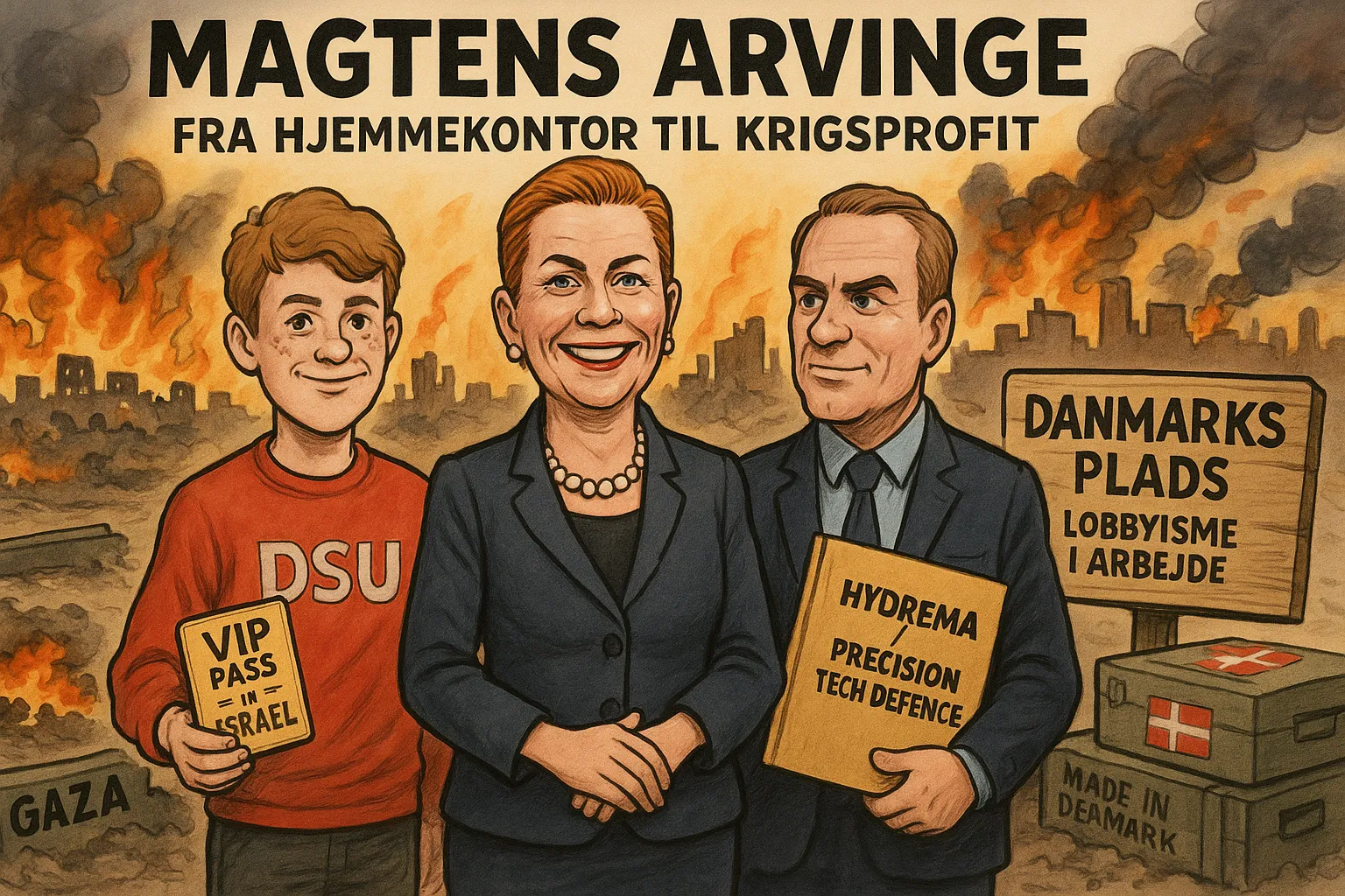 Karikatur af Mette Frederiksen, hendes søn og bror i en Gaza-baggrund – fokus på lobbyisme, våbenindustri og dansk tavshed om Palæstina.