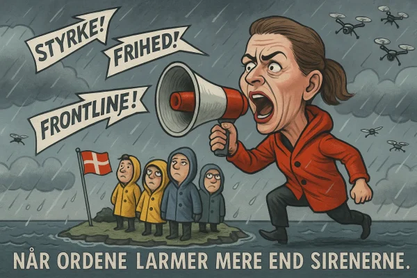 Mette Frederiksens krigsretorik i satirisk tegning – megafon, droner og regn over Danmark