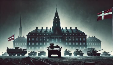 Danske kampvogne foran Christiansborg som symbol på magt, kontrol og informationskrig i dansk politik.