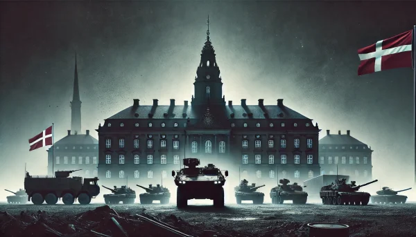 Danske kampvogne foran Christiansborg som symbol på magt, kontrol og informationskrig i dansk politik.