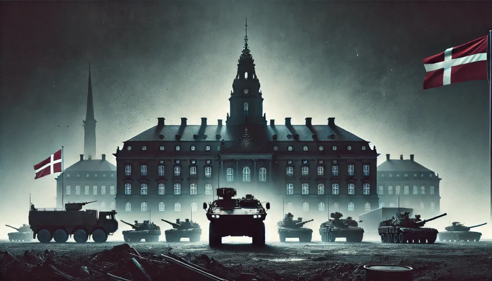 Danske kampvogne foran Christiansborg som symbol på magt, kontrol og informationskrig i dansk politik.