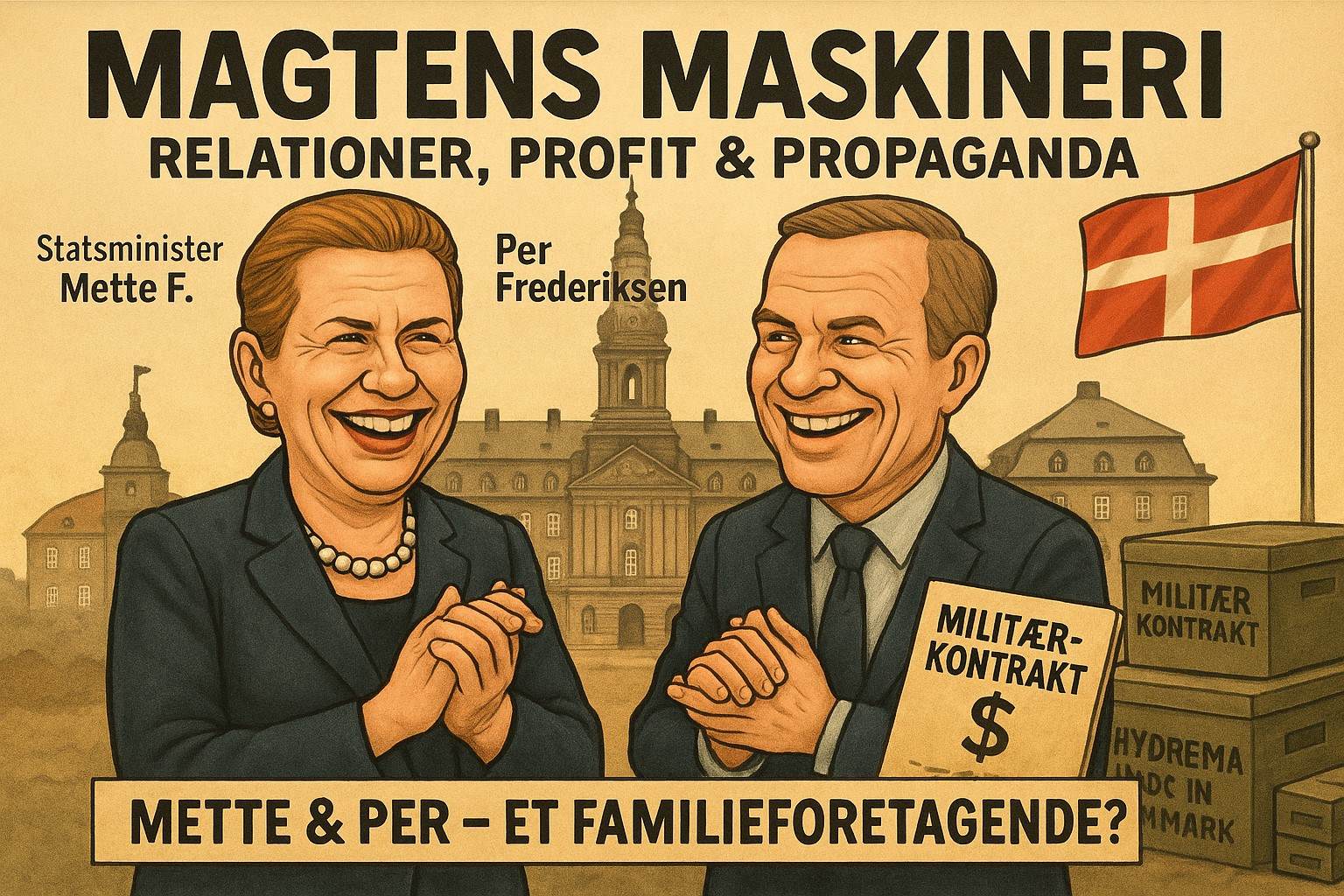 Satirisk illustration om Mette Frederiksens bror, magt, relationer & informationskrig i dansk politik.
