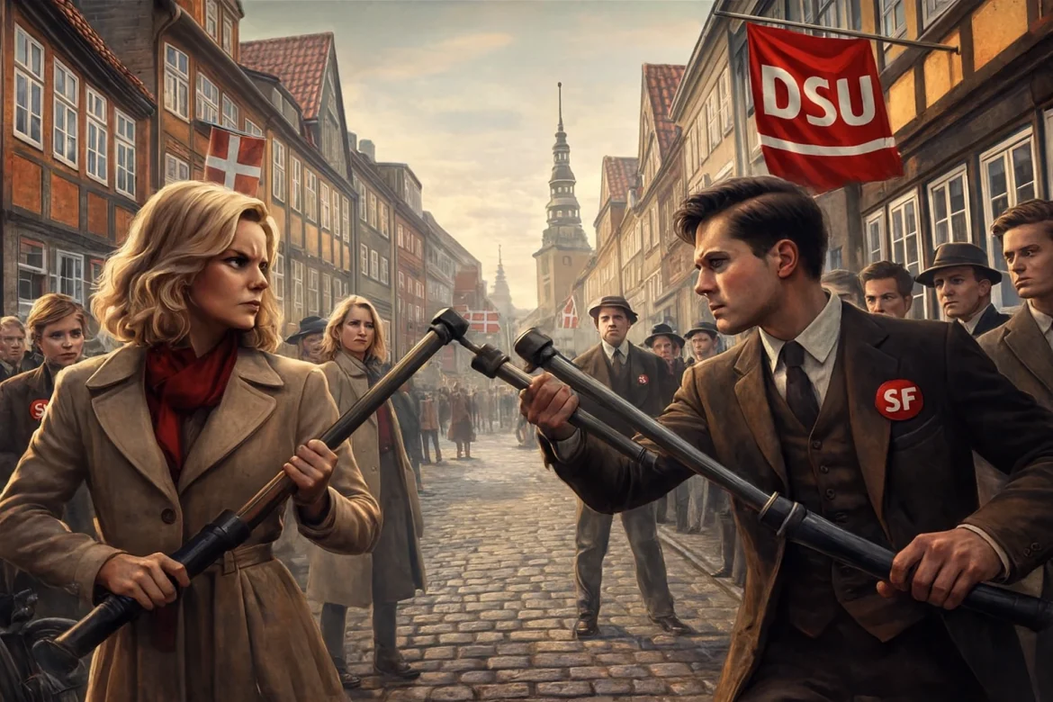Satirisk illustration fra København med politiske ungdomsgrupper i konfrontation med cykelpumper – en historisk reference til gadepolitikken bag emner til folketingsvalg 2026.