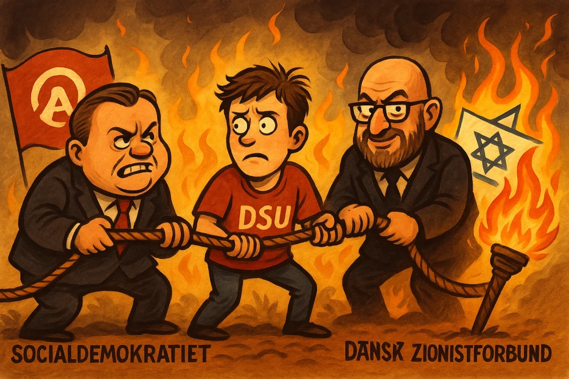 Satirisk politisk tegning hvor Socialdemokratiet og Dansk Zionistforbund trækker i en DSU-ung i et tovtræk om indflydelse.