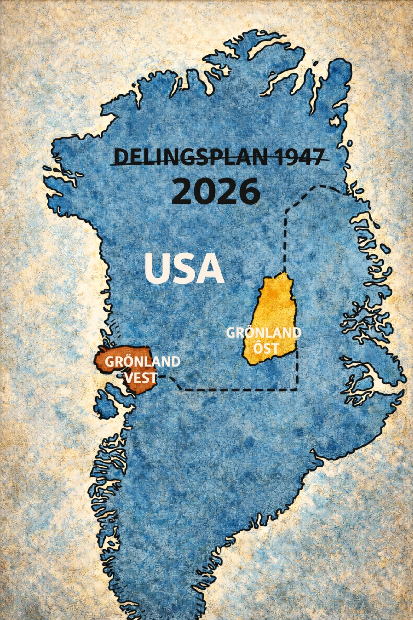 Satirisk kort: Delingsplan 2026 på Grønland med Grønland øst og Grønland vest, resten markeret USA