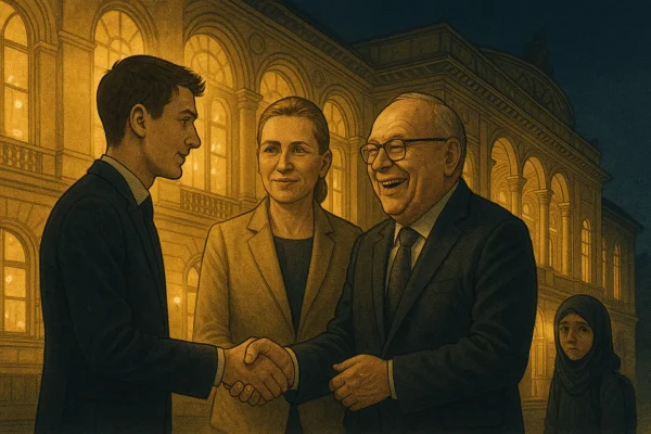 Illustration af Magne Harr – Mette Frederiksens søn – der står foran en oplyst teaterbygning sammen med en kvindelig statsminister-figur og en ældre magtperson, mens en ung pige med tørklæde står alene i baggrunden.