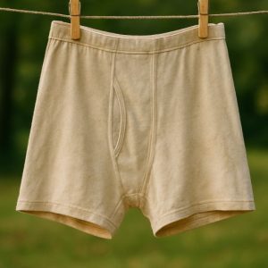 Used military boxer shorts hanging on a clothesline – off-white vintage men’s underwear from army surplus