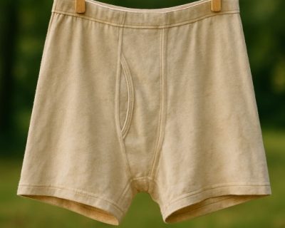Used military boxer shorts hanging on a clothesline – off-white vintage men’s underwear from army surplus