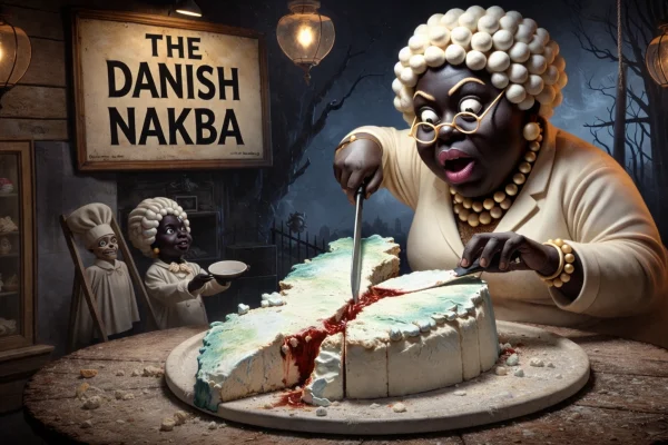 Satirisk illustration af “The Danish Nakba” hvor Grønland skæres som en kage – symbol på boykot USA app og forbrugervalg i Danmark