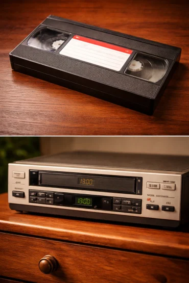 Classic VHS tape and vintage VCR player symbolizing Bollywood nostalgia and childhood memories