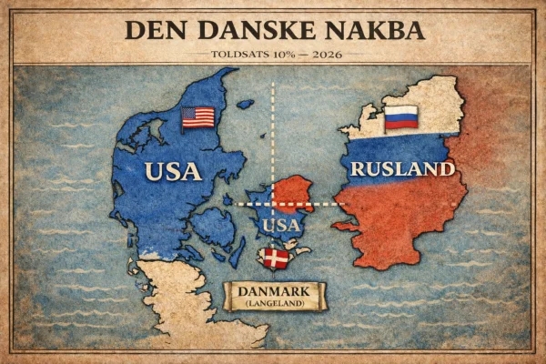 Satirisk politisk kort af Danmark delt mellem USA og Rusland med stiplet delingslinje over Fyn, kun Langeland markeret som Danmark med dansk flag, titel “Den danske nakba” og “Toldsats 10% – 2026”.