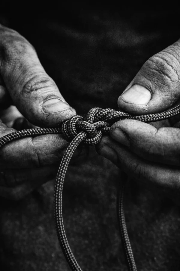 Hænder der knytter en paracord knude i faldskærmsline – sort/hvid nærbillede